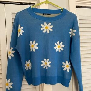 NIKKA K 90s Daisy Pullover Sweater Crewneck Knitted Retro Blue Floral L hippie